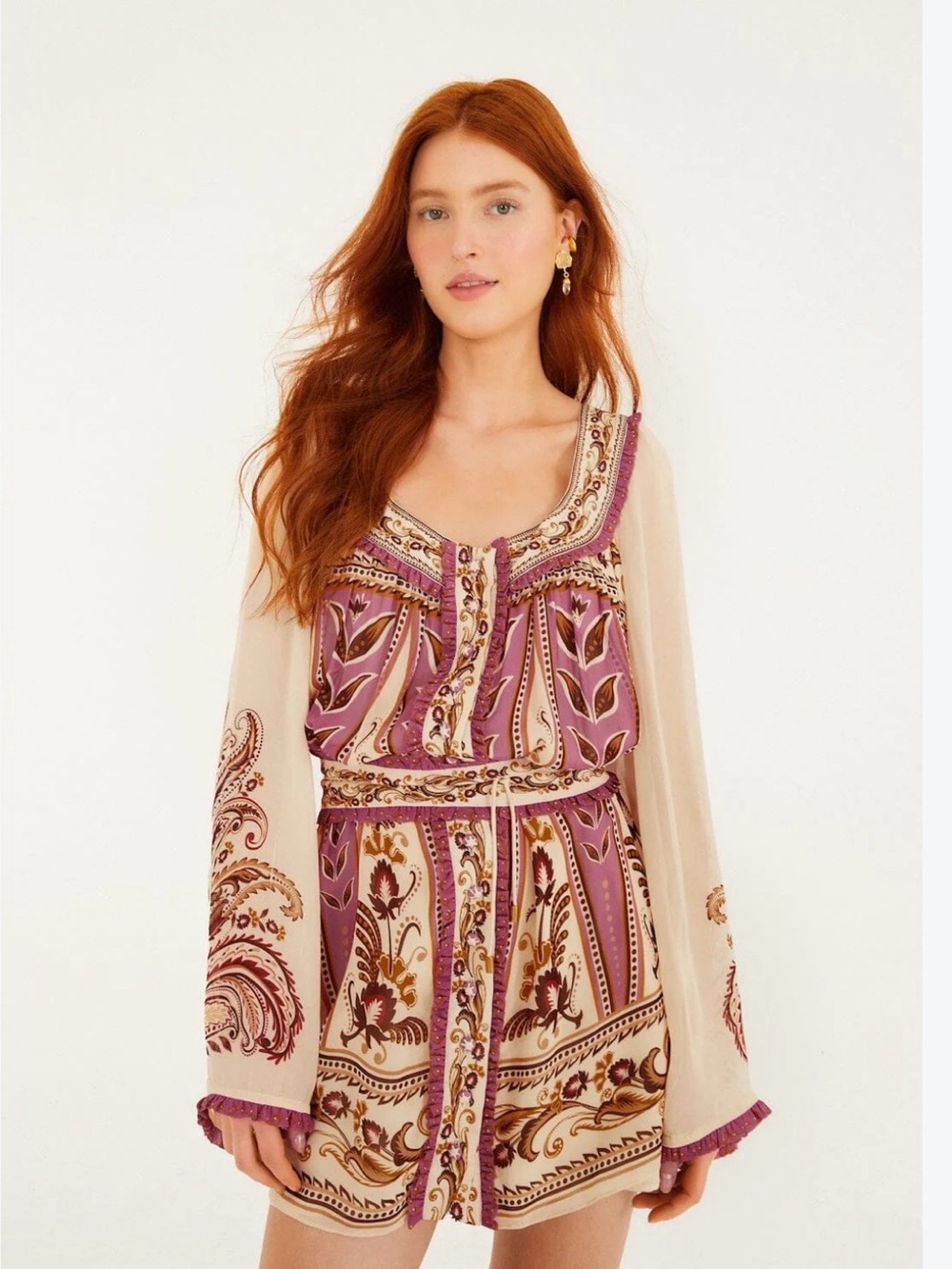 FARM Rio Cream and Plum Paisley Peasant Tunic